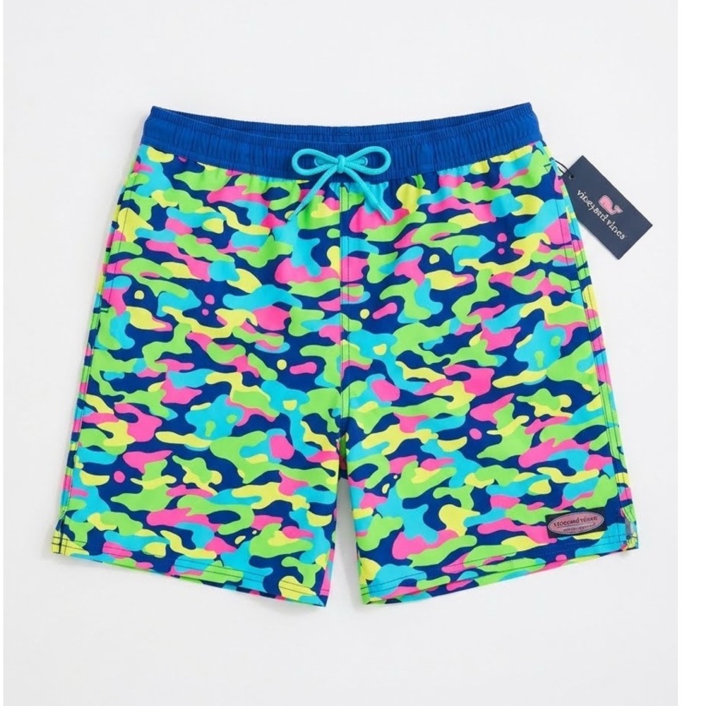 NWT Vineyard Vines Kids Neon Camo Swim Trunks Blue, Neon Green, Pink, Yellow XL